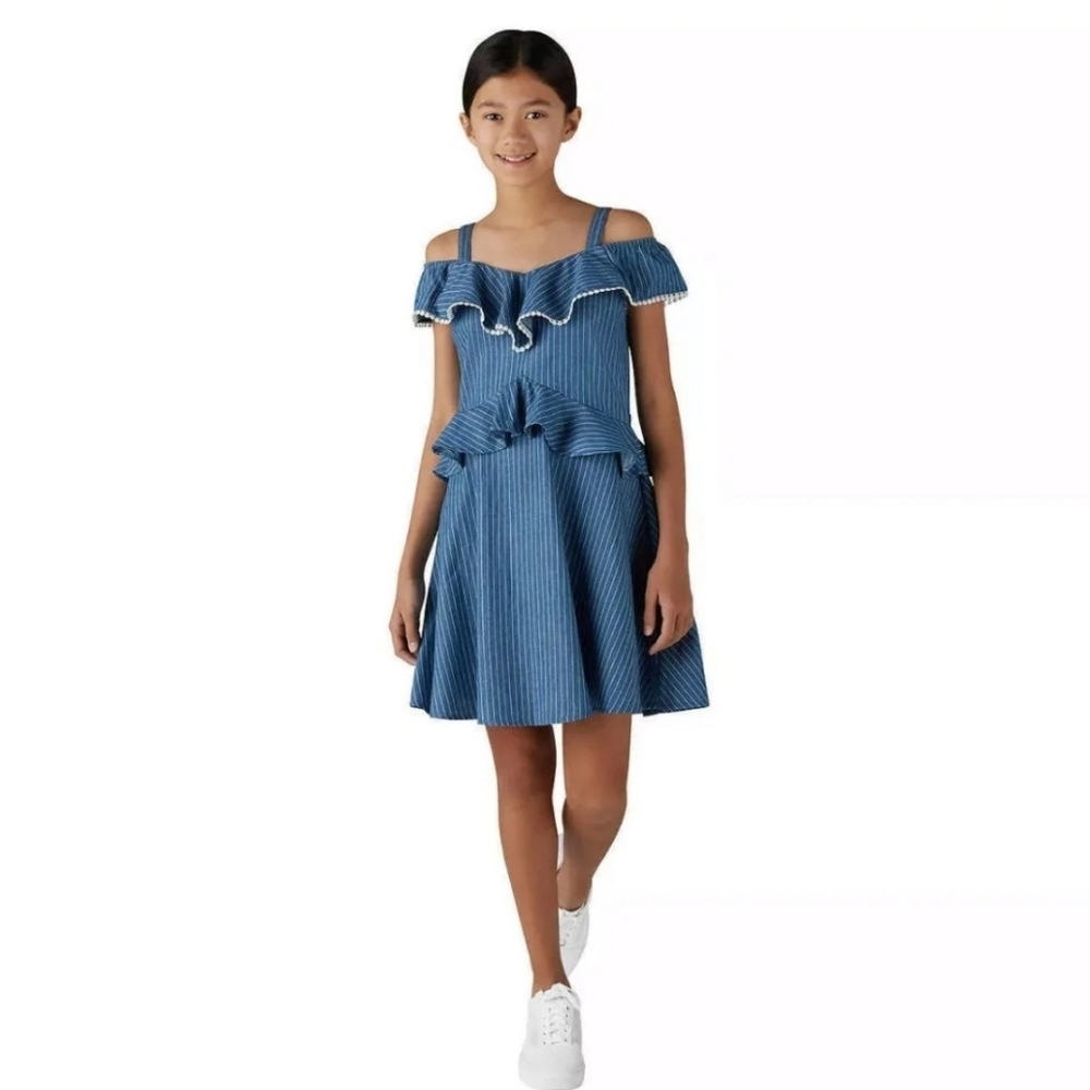 New BCBG Girls Blue Stripe Ruffle Sleeveless Jeans Dress Denim Mediim Kids